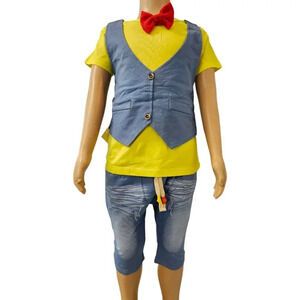 18-24M Baby Boys Blue, Yellow, Red BowTie Shorts and Tshirt Faux Suit 2pcs Set